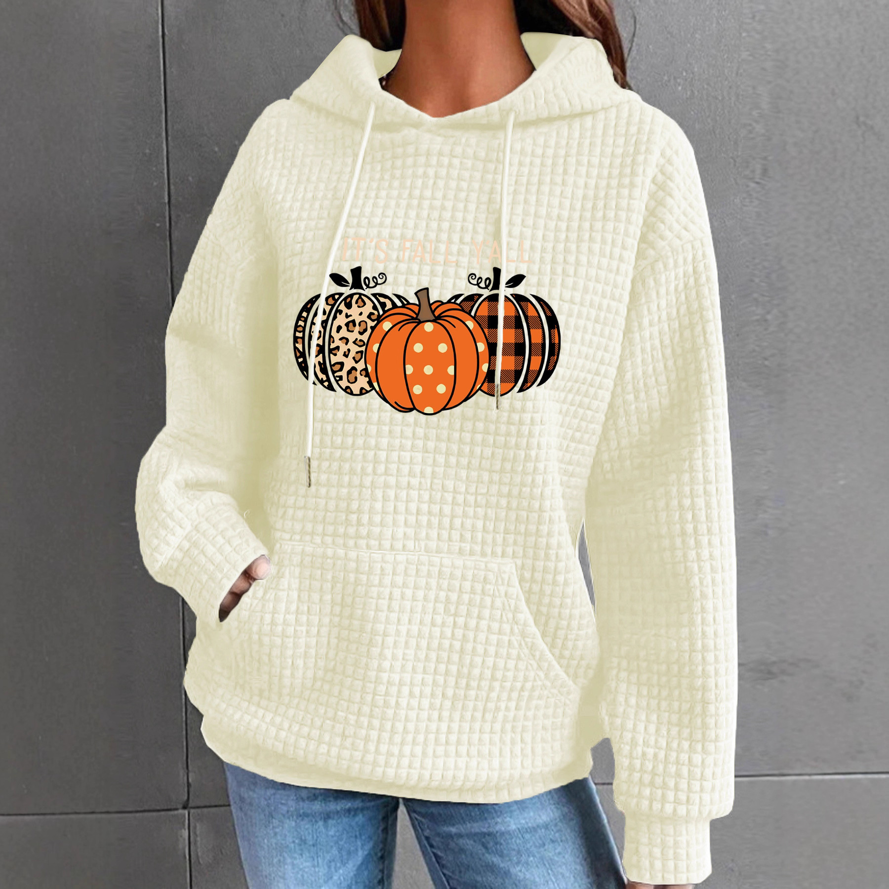 秋冬女装新款华夫格袋鼠口袋连帽长袖万圣节印花卫衣欧美跨境欧码