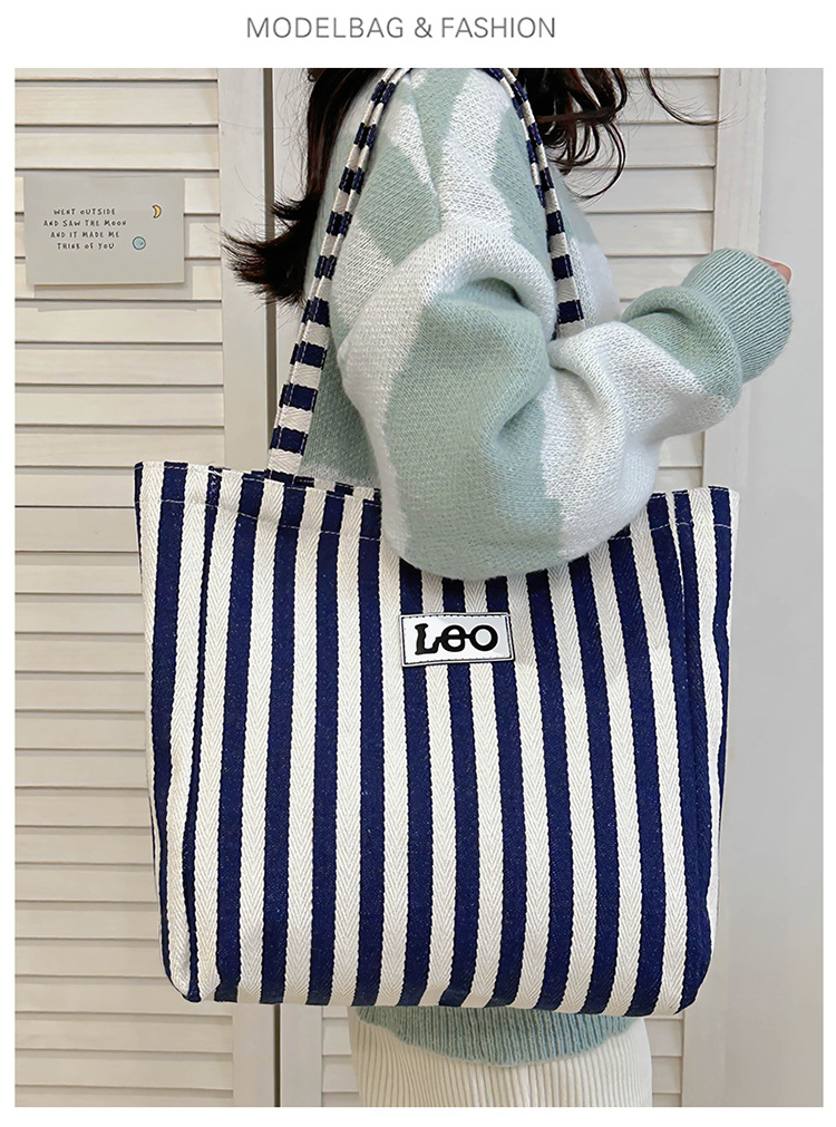 2024 Summer new canvas shoulder bag Tote bag, black and white striped trendy patchwork large capacity handbag undefined