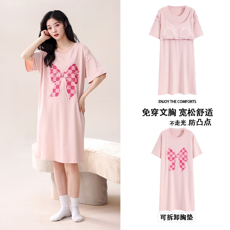 Camisón con almohadilla en el pecho pijamas de manga corta de algodón de verano para mujer dulce fresco cuello redondo ropa para el hogar vestido de verano