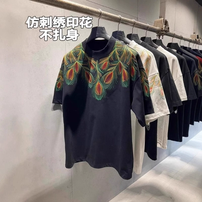 21 лоток 210 г расчесанный хлопок летняя имитация вышивка с рисунком павлина с короткими рукавами футболка свободный круглый воротник