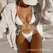 欧美时尚女士三角杯式泳衣 分体纯色烫钻亮闪系带性感泳衣bikini