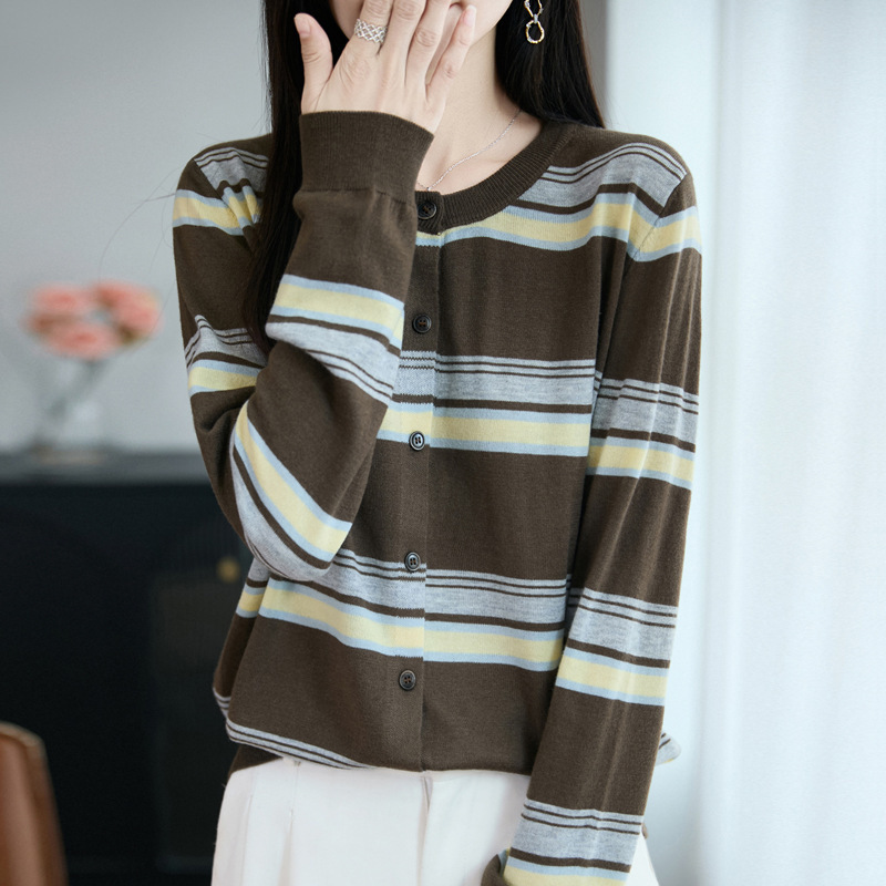 精纺羊毛2025秋冬新女短款宽松圆领拼色条纹系扣打底针织开衫外套|undefined