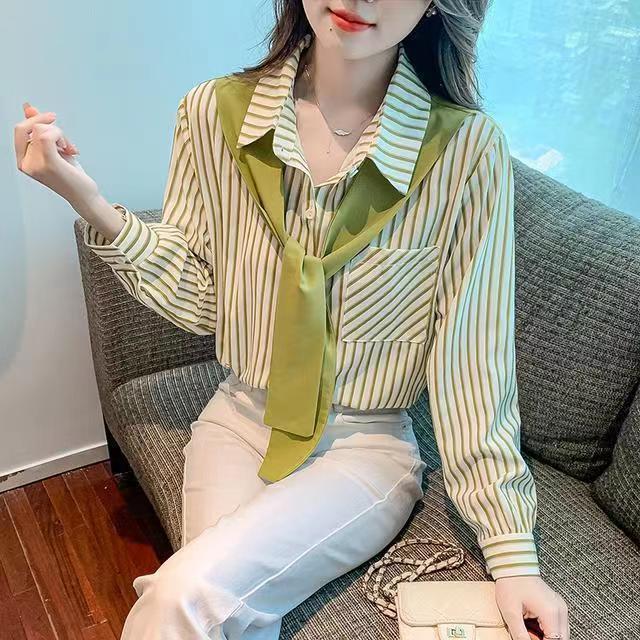 假两件竖条纹衬衫女2025年春季新款女装宽松翻领别致款长袖上衣潮|undefined