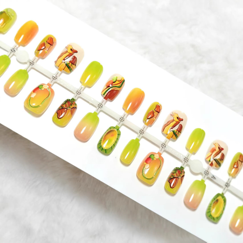 Summer Fruit-Themed Pre-Made Wearable Nails for Girls, Ins-Style Wearable Nails, Niche Art Fashion Nail Stickers, 30 Pieces
