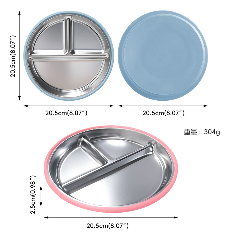 Plato de comedor de acero inoxidable 304 20CM Funda de silicona Amazon Venta caliente Plato de comedor de silicona de embalaje personalizado