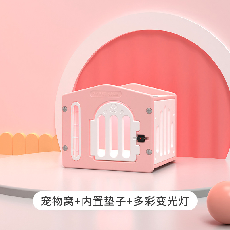 문이 있는 고양이 빌라 + 매트 + 주변 조명: 핑크와 화이트