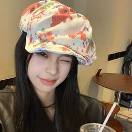 可爱童趣个性涂鸦云朵帽大头围显脸小街头百搭时髦八角帽画家帽女