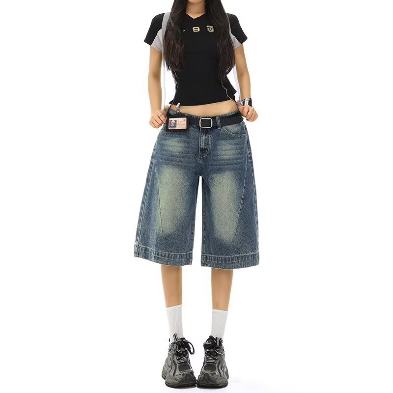 American Retro Washed Denim Jeans for Women, Summer Loose Low-Waist Straight Cut Versatile Wide-Leg Five-Point Pants