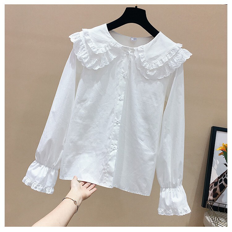 Girls' Spring and Summer New Style Shirt Western Style Long Sleeve Doll Collar Chiffon Cool White Shirt for Big Children Korean Style Foreign Trade
