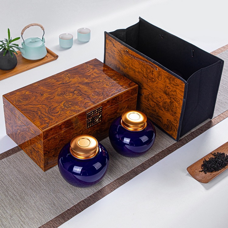 陶瓷霁蓝金属盖珐琅彩茶叶罐批发 高档木制礼盒 礼品茶叶包装加印