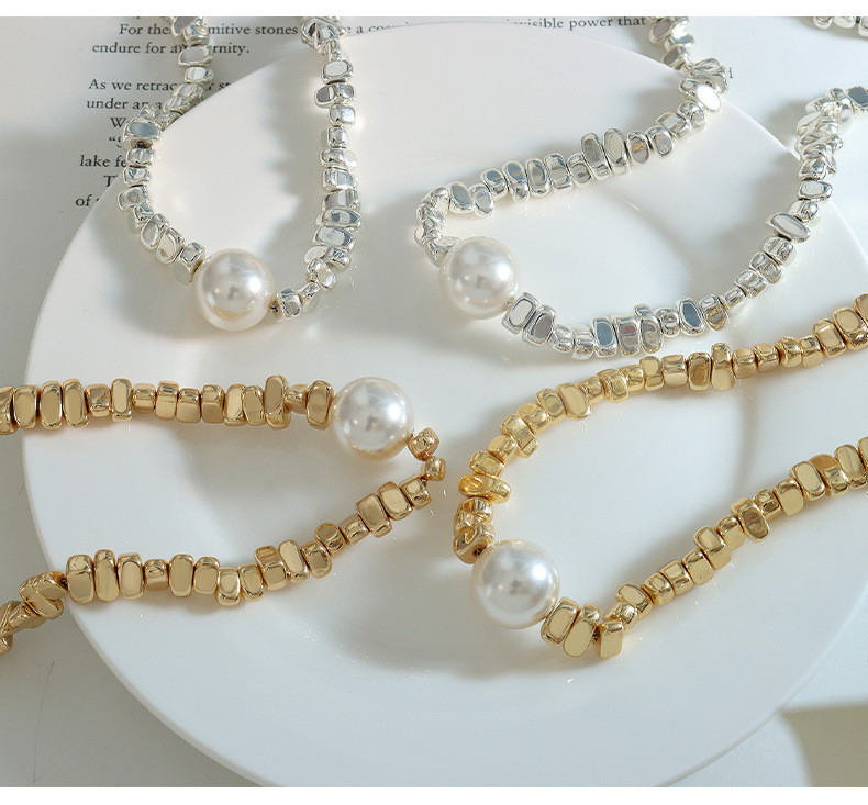 Retro Geometric Imitation Pearl Mixed Materials Necklace_colorza_3