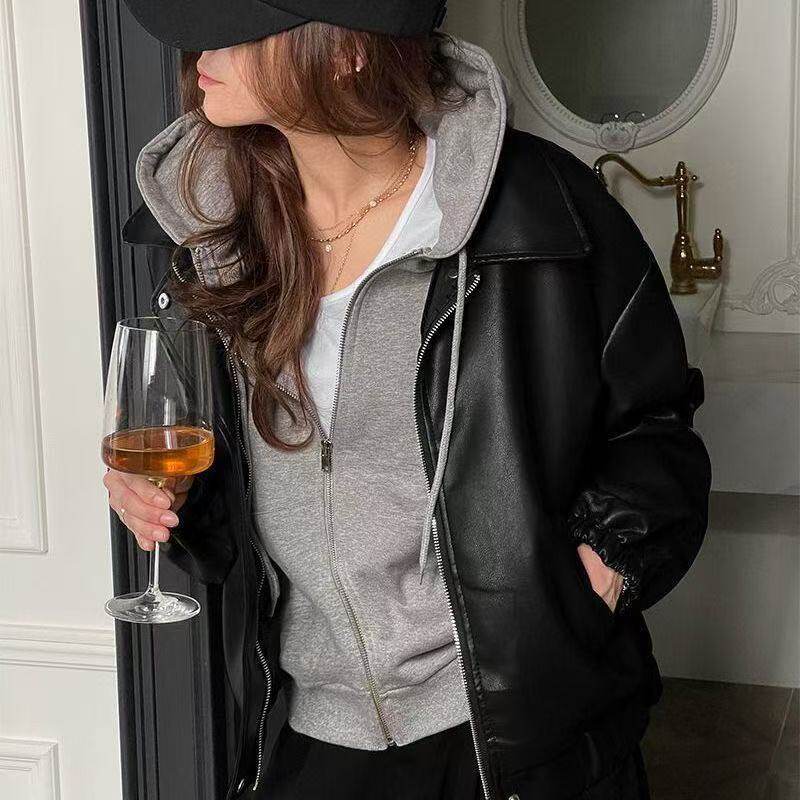 Áo khoác da nữ dáng rộng cổ bẻ phong cách đường phố — Màu nâu, cao cấp, có lót vải, Đen, cao cấp, có lót vải chi tiết 9