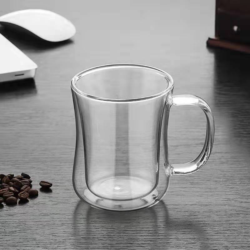 Hogar borosilicato doble capa taza de agua de vidrio con mango transparente taza de café taza de jugo de leche taza de té