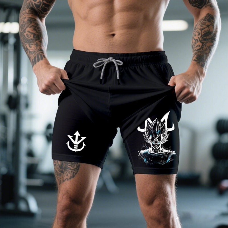 Summer Dragon Ball Print Fitness Men's Shorts Sports Compression Shorts Double Layer 2 in 1 Pants Quick Dry Beach Shorts