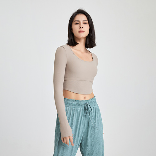 Ribbed nude slimming yoga wear long sleeves with chest pad fitness top T-shirt running outer bra sports bra