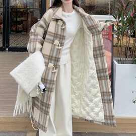 大码加棉内里格子毛呢外套2025新款高级感冬季加厚长款呢子大衣女