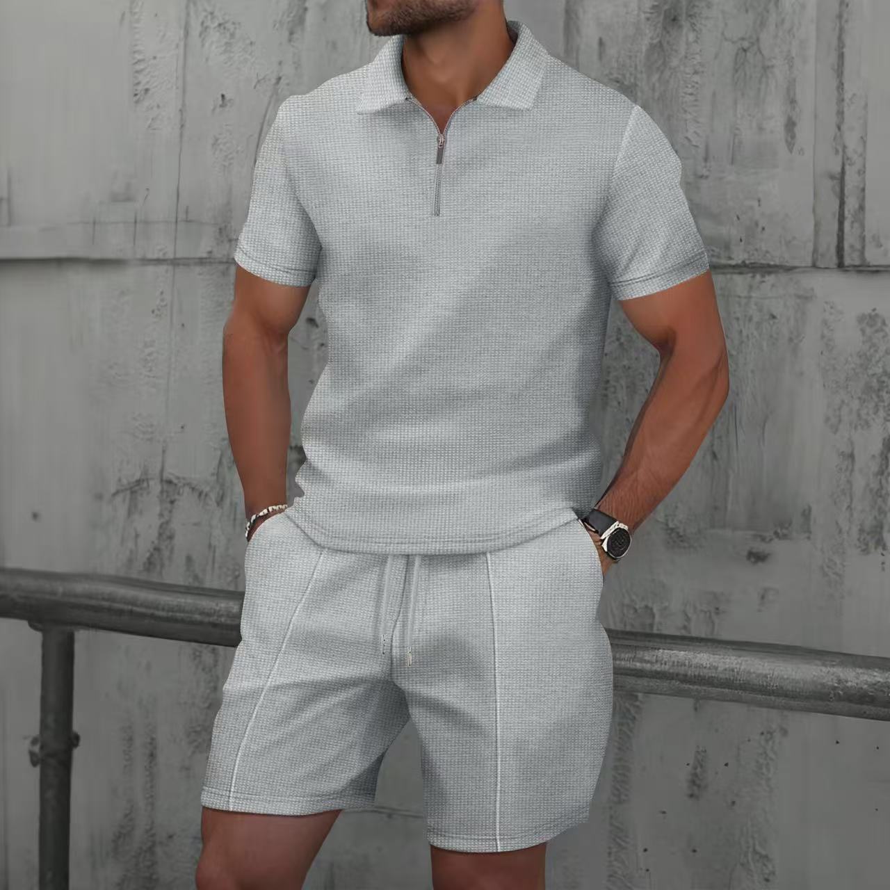Camisas de polo, camisetas de manga corta, pantalones cortos de hombre, mitad de cremallera, con la solapa de waffle, un conjunto completo de fábrica transfronteriza de verano al por mayor