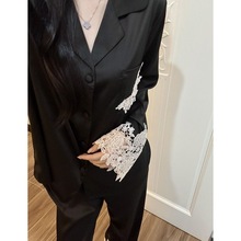 月光蕾丝花边睡衣女士春秋季冰雪丝长袖高级感丝绸纯色家居服套装