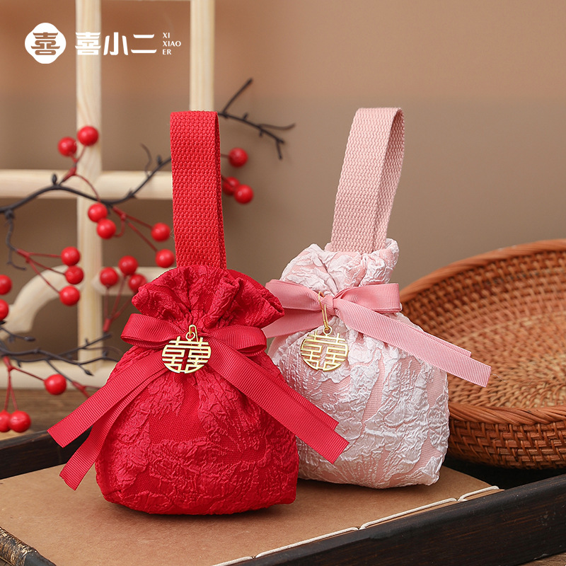 創意結婚喜糖袋寶寶滿月周歲提花糖果袋婚禮伴手禮回禮手提絨布袋