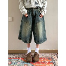 美式复古做旧水洗牛仔短裤男女宽松阔腿休闲百搭七分裤