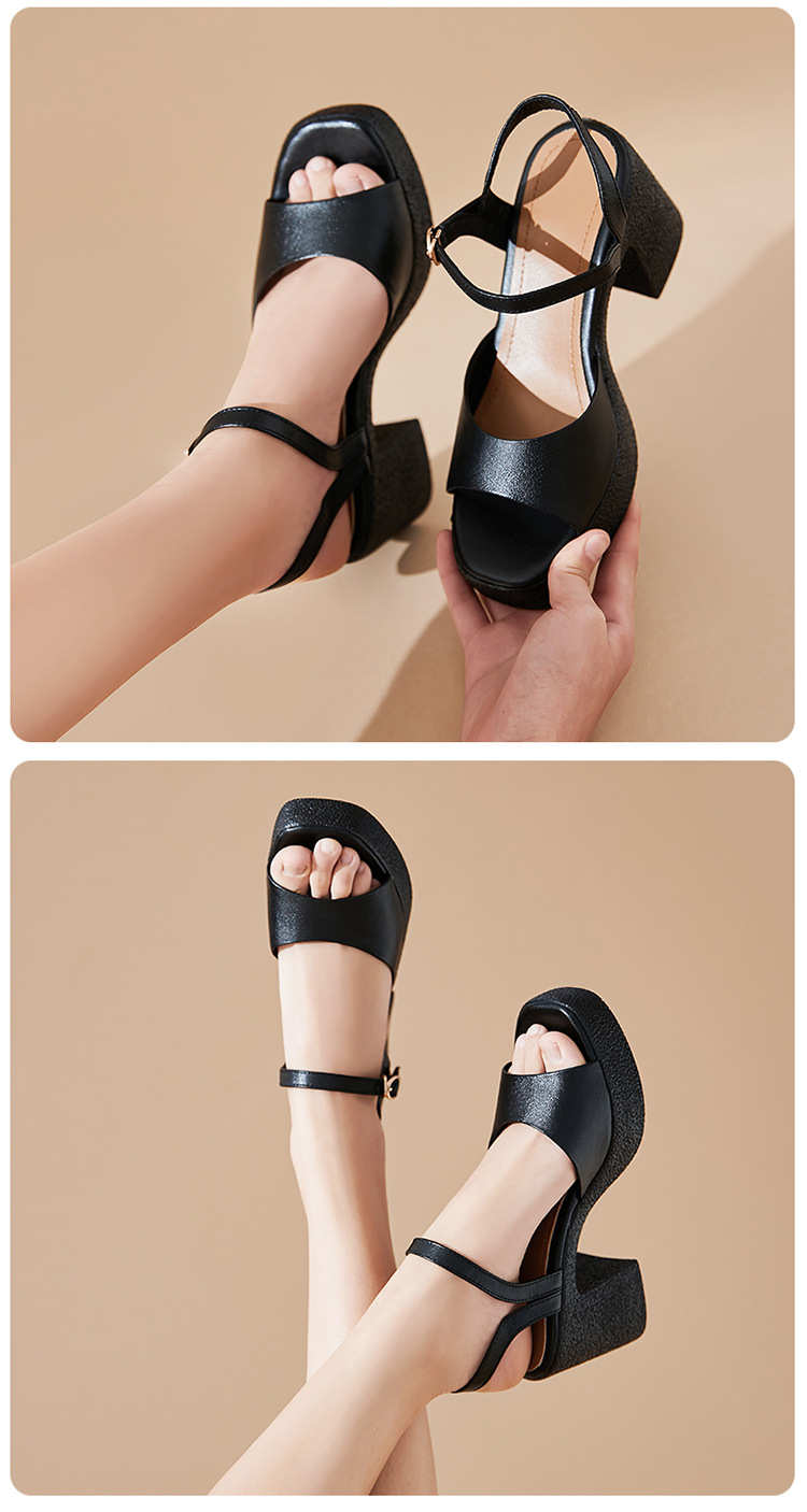 Sandal cao gót nữ quai ngang da thật đế dày chống thấm — Màu đen chi tiết 25