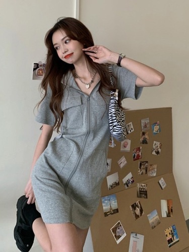 【6535 Fish Scale Fabric】Fitted Slimming Hooded Zipper Dress for Women, Can Be Sweet or Salty, Short Sleeve Casual Skirt