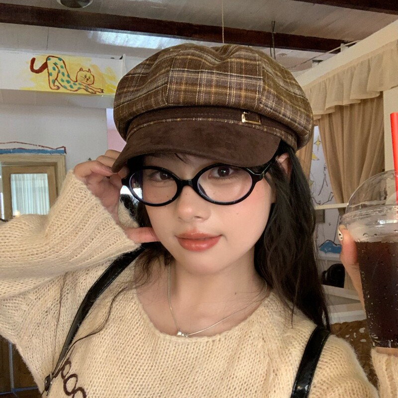 Hazelnut Latte ~ Grandma Chen's British Retro Literary Plaid Octagonal Hat, Versatile Face-Showing Beret, Newsboy Hat