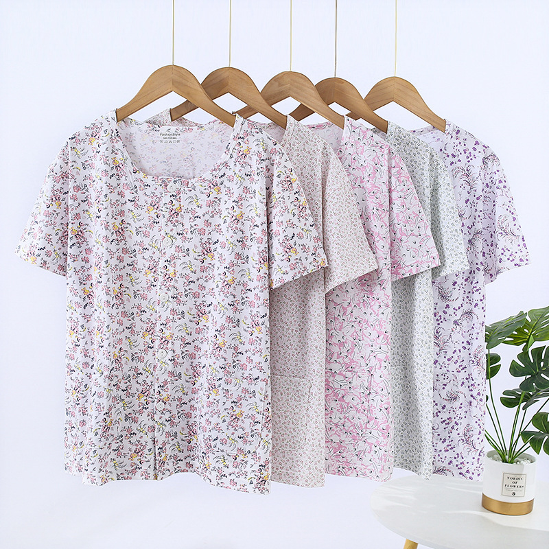Middle-aged and elderly summer shirt female middle-aged and elderly thin short-sleeved sleeve shirt round neck cardigan mother plus size loose version Middle-aged and elderly summer shirt female middle-aged and elderly thin short-sleeved sleeve shirt round neck cardigan mother plus size loose version