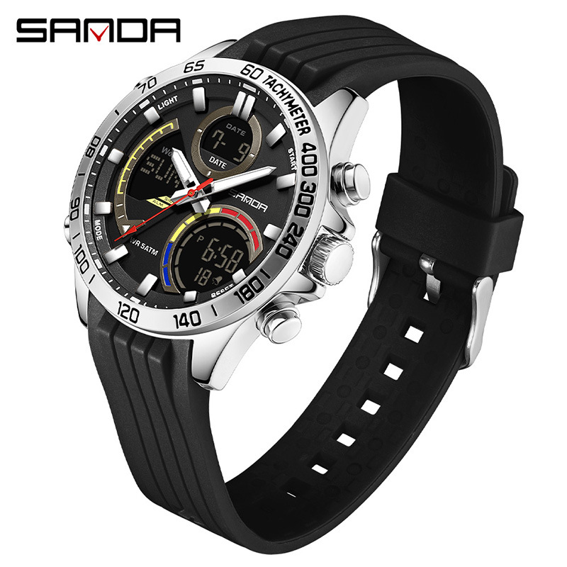 SANDA moda doble pantalla reloj electrónico para hombres multifuncional gran dial reloj de estudiantes de luz nocturna reloj de pulsera