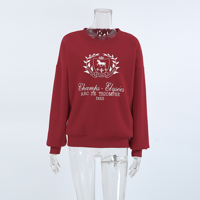 Spring Ankela Red round Neck Women Printed Pullover Sweatshirt Loose Top