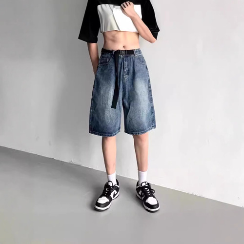 American-style washed denim shorts for men, summer trendy brand, Hong Kong-style retro loose casual wide-leg five-pocket pants