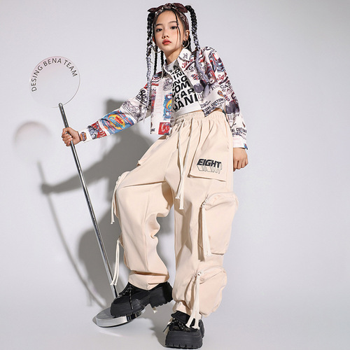 Jazz Dance Costume for Girls: Short-Sleeve Shirts and Work Pants Set for Female Kids, Jazz Minis, Street Dance Performance Fashion Outfits