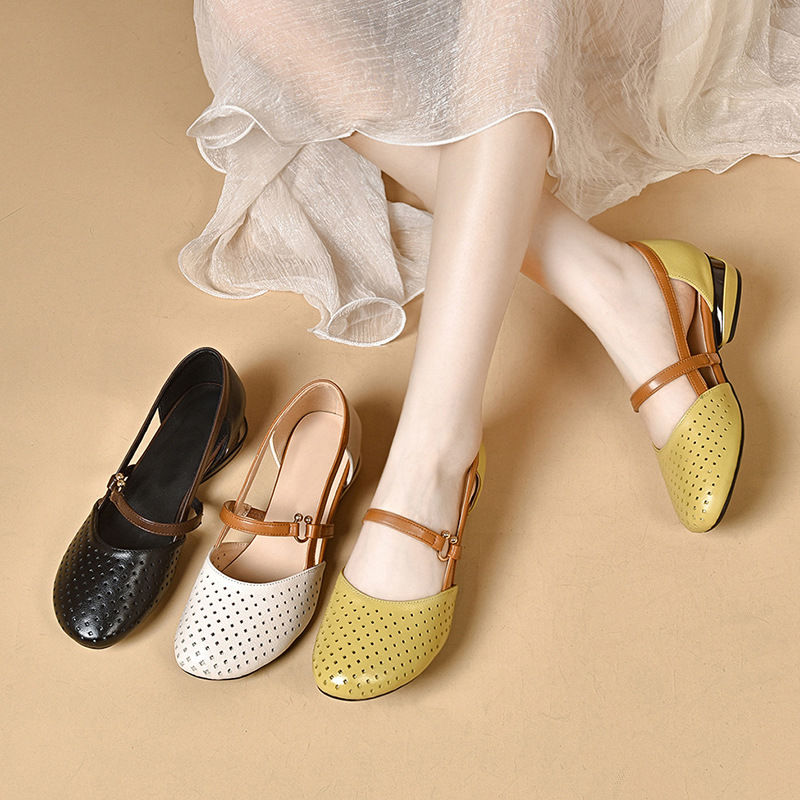 Sandal nữ da thật mũi tròn gót vuông đế mềm khoét lỗ hè — Màu đen