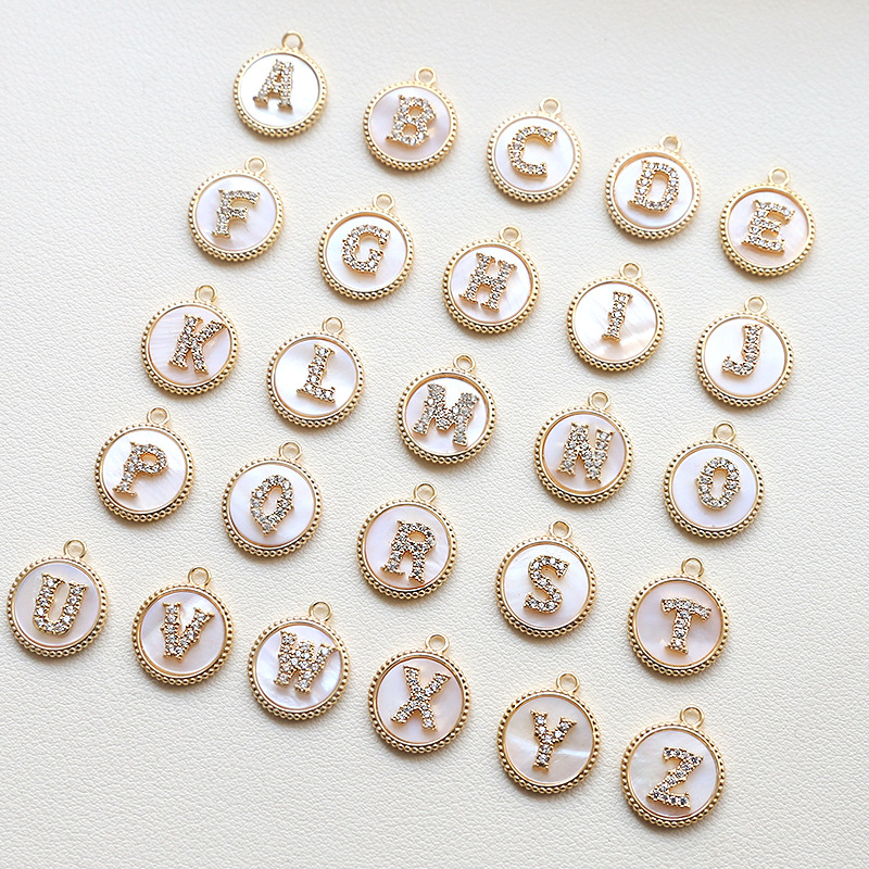 3g Weight Shell, Zircon Inlay Material Charms, Jewelry Accessories Classification 1 Piece Quantity Copper Material Round, Letter Pattern Plating, Inlay Design Simple Style Style 1 Piece Copper Shell Zircon Round Letter 6