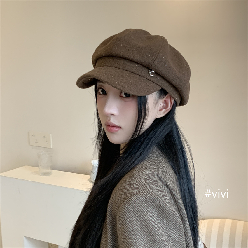 Vintage Literary Versatile Face-Slimming Shiny Newsboy Hat for Women, Autumn and Winter Thickened Woolen Large Head Circumference Three-Dimensional Newsboy Hat