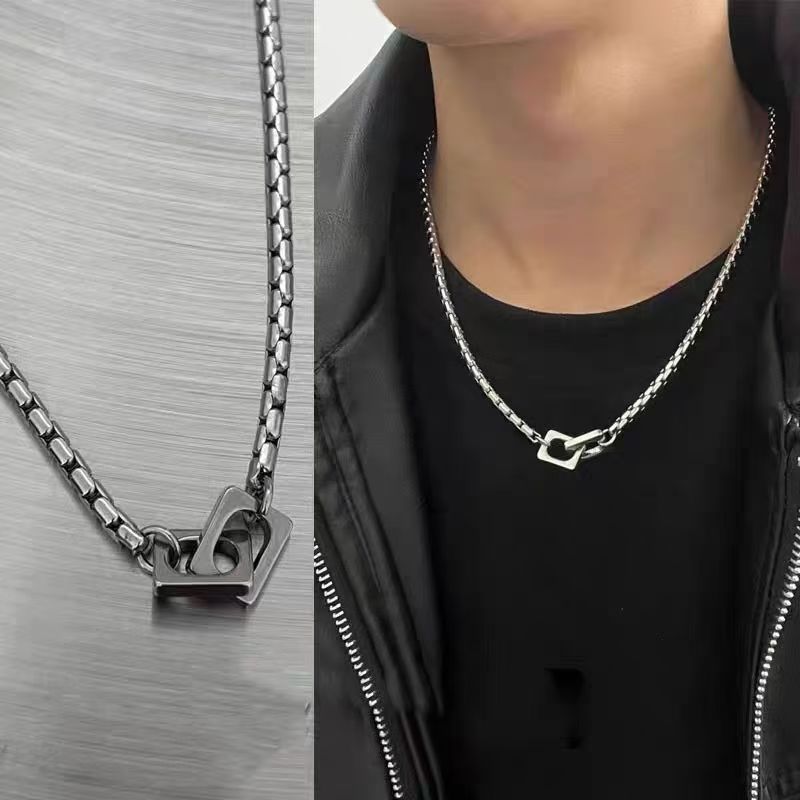 Minimalist Double Ring Buckle Titanium Steel Necklace For Men_voghion.com