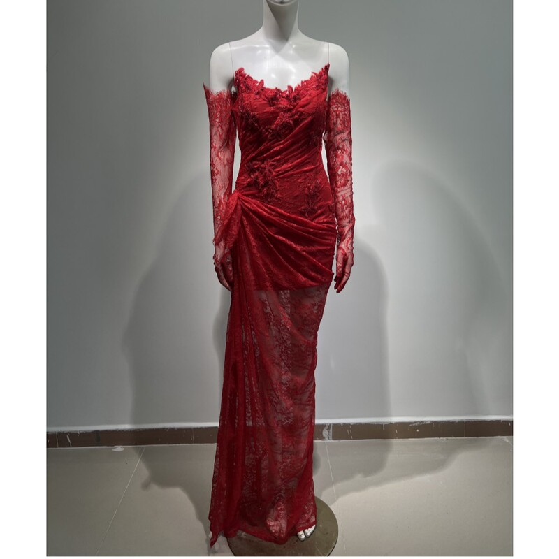 New red sexy tube top slimming lace gloves slim pleated casual long and floor dress
