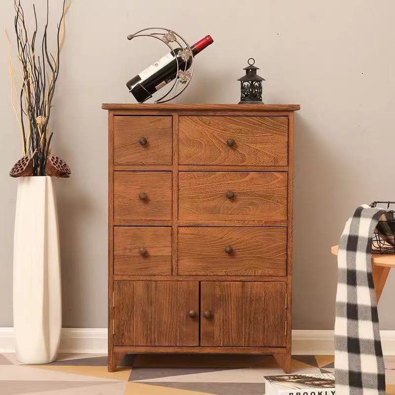 Retro Northern Old Elm Storage Cabinet Living Room Entrance Vertical Miscellaneous Sideboard Home Storage Cabinet with Drawers