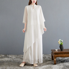 新款  飘逸禅意茶服仙气2025夏季新款女装中式中国风白色雪纺套装