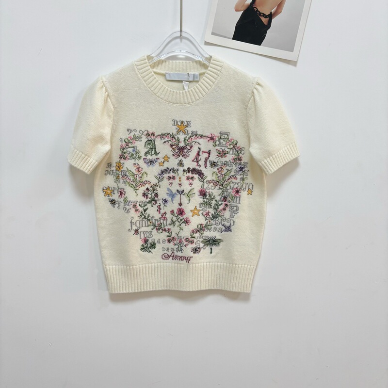 Shenzhen Nanyou High-End Version D Brand Early Spring New Monet Garden Heavy Embroidery Round Neck Short-Sleeve Knit Top