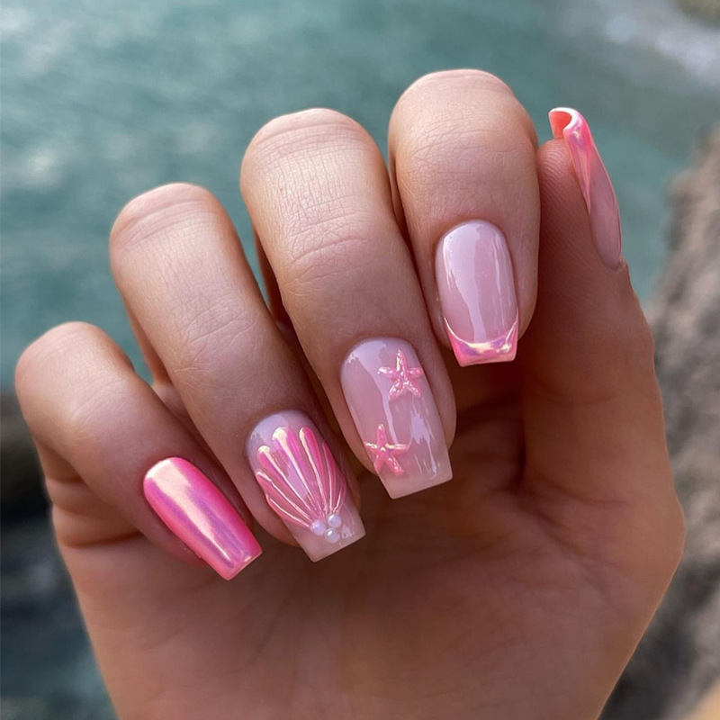Manicure Wearable Nails Cross-Border 3D Three-Dimensional Pearl Manicure Mermaid Pink Pearlescent Foreign Trade Press-On Fake Nail Stickers