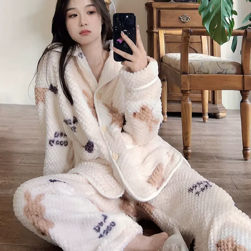 冬季加厚睡衣女士长袖甜美兔子花纹家居服开衫提花云朵棉两件套装
