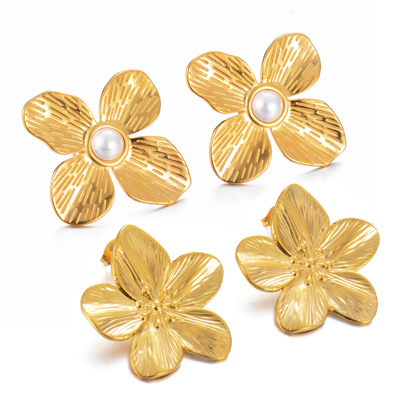 1 Pair Glam Retro Flower Plating Inlay Stainless Steel Artificial Pearls Ear Studs display picture 5