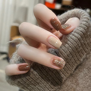 Flash short beige Brown glitter smudging nail beauty autumn and winter high-grade wear nail detachable fake nail nail nail piece