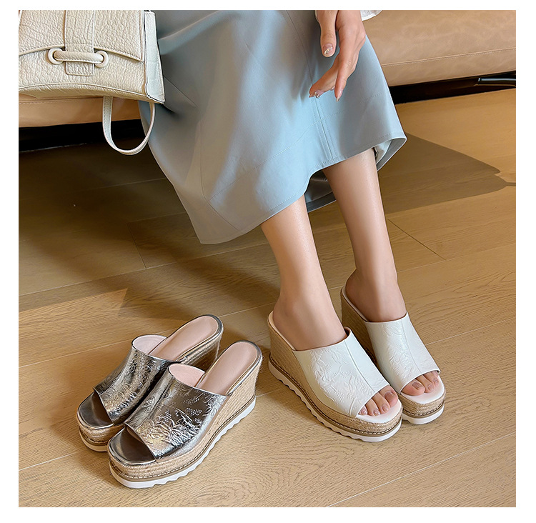 Sandal cao gót nữ mũi hở đế xuồng đan rơm phong cách La Mã — màu be, bạc chi tiết 20