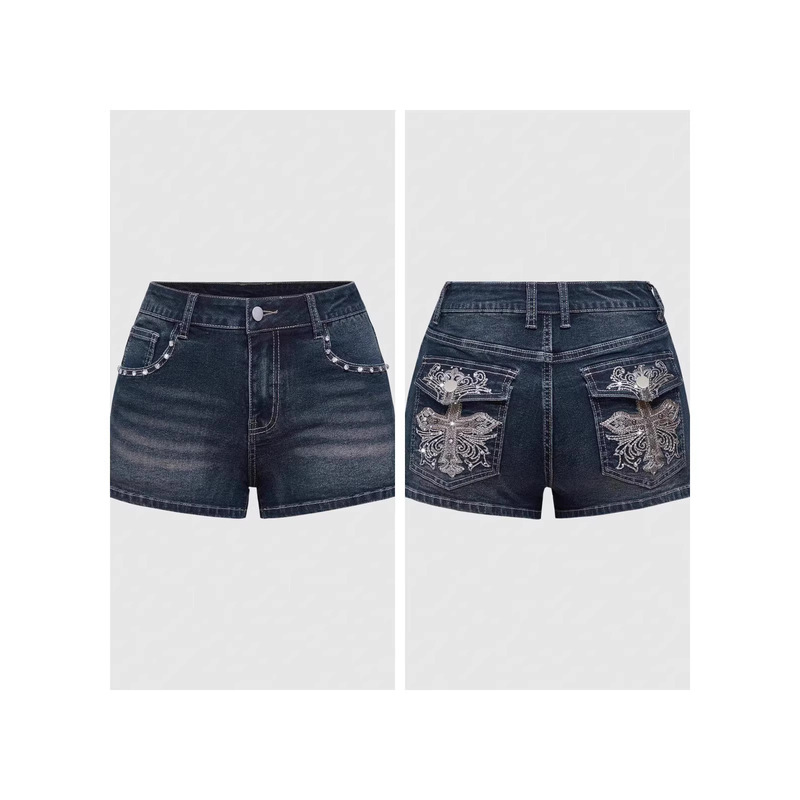 【Cross-Border Hot Item】Y2K Ultra-Low-Waist Denim Shorts, with Back Wing Decoration and Rhinestones, Sexy Hot Pants for Women