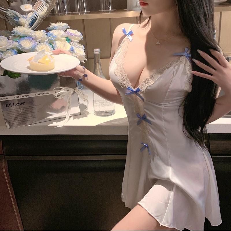 Butterfly Lace Ice Silk Babydoll Nightdress Slimming V-Neck Slip Dress — detail image 2
