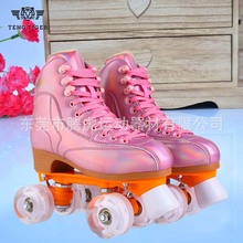 成人男女双排皮款绿色溜冰鞋四轮旱冰鞋粉紫色闪光轮轮滑鞋夜光轮