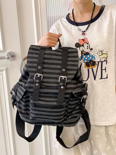 Cross-Border Striped Backpack for Women 2025 New Work Commute Versatile Canvas School Bag College Student Class Backpack Trendy