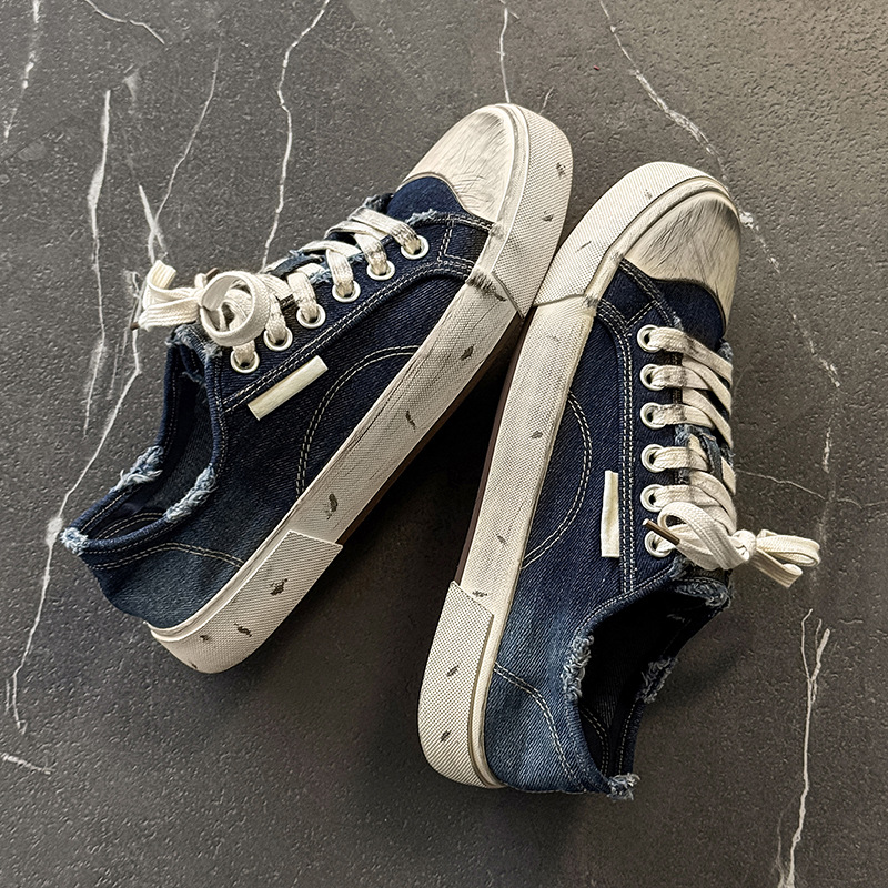 París lavado en agua vintage jeans agujeros viejos pares zapatos de lona sucios zapatos de skate transpirables para hombres